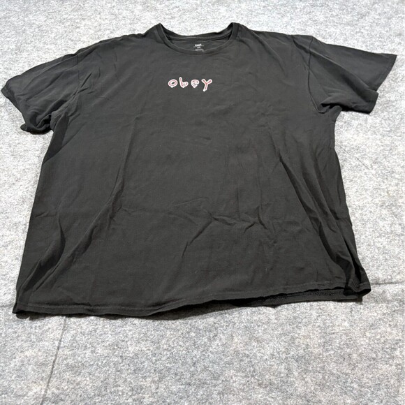 Obey Men's Black Faded Y2K Short Sleeve Small Logo Print Tee T-shirt Sz XXL - Picture 1 of 8